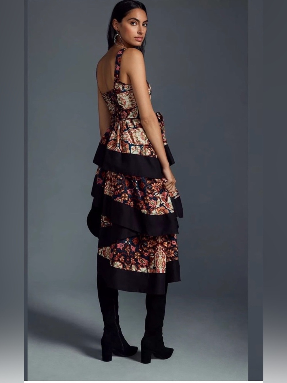 Anthropologie Square-Neck Printed Tiered Midi Dress with tiered skirt, M. - Picture 3 of 11